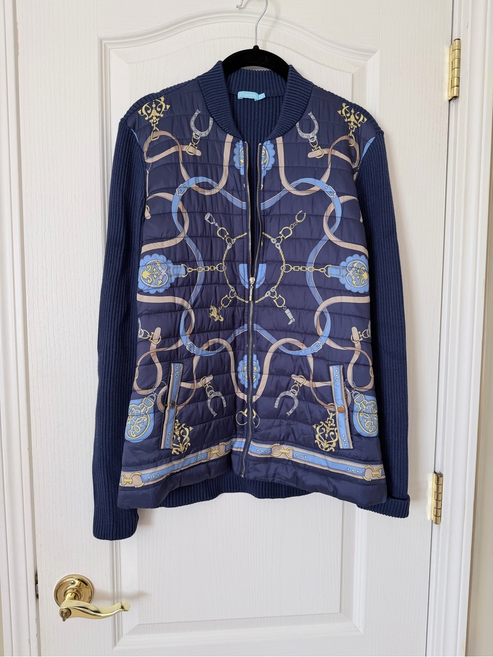 J. McLaughlin Navy Equestrian Print Quilted Knit Jacket Size M